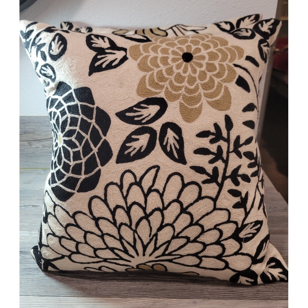 Throw Pillow set of 2 Black beige embroidered floral mandala pattern feathers